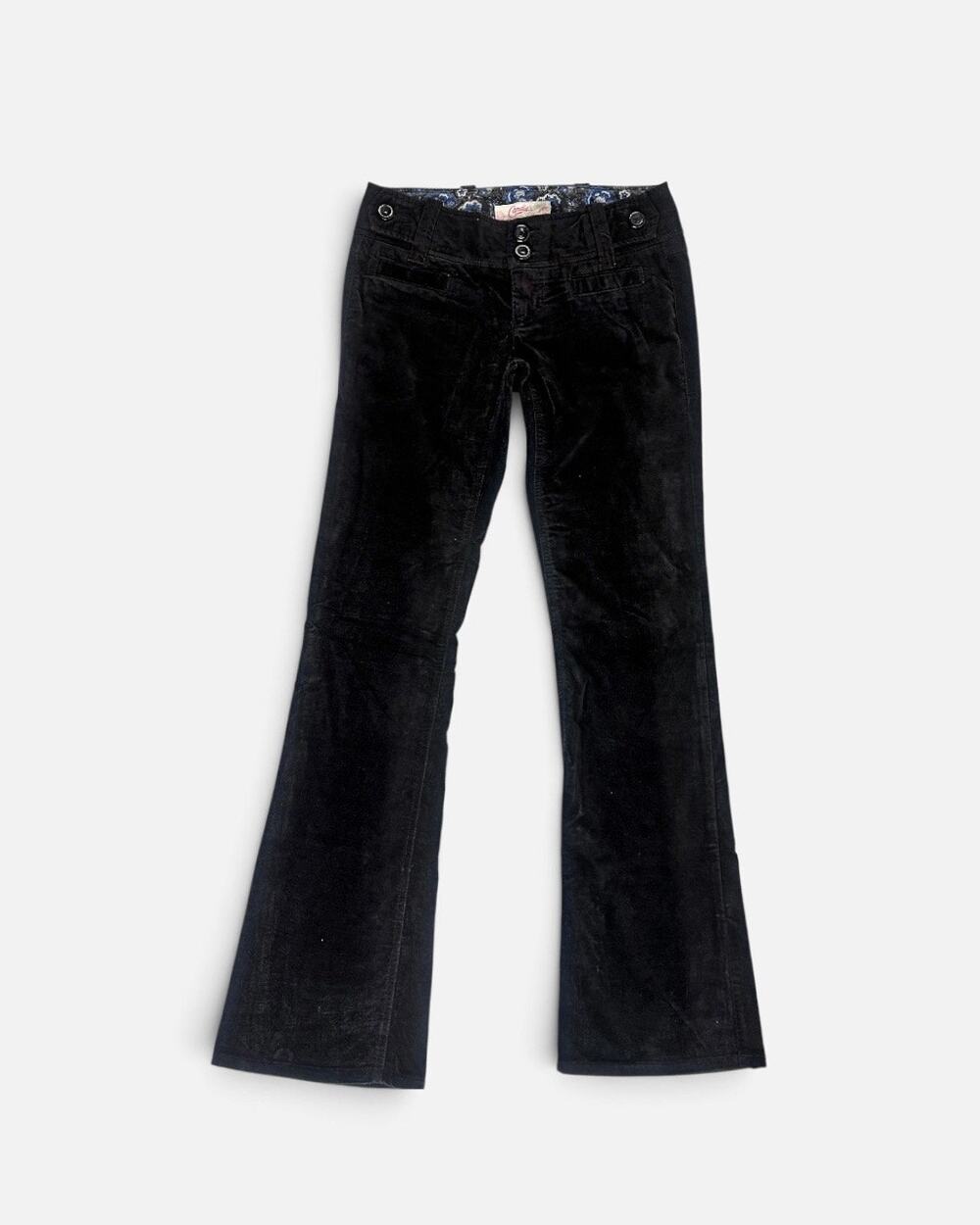 Vintage Y2K Black Velour Flare Trousers Low Rise Multi Button Sz 3
